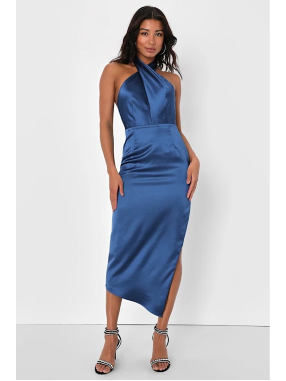 Lulus Blue Satin Halter Asymmetrical Midi Dress Size S